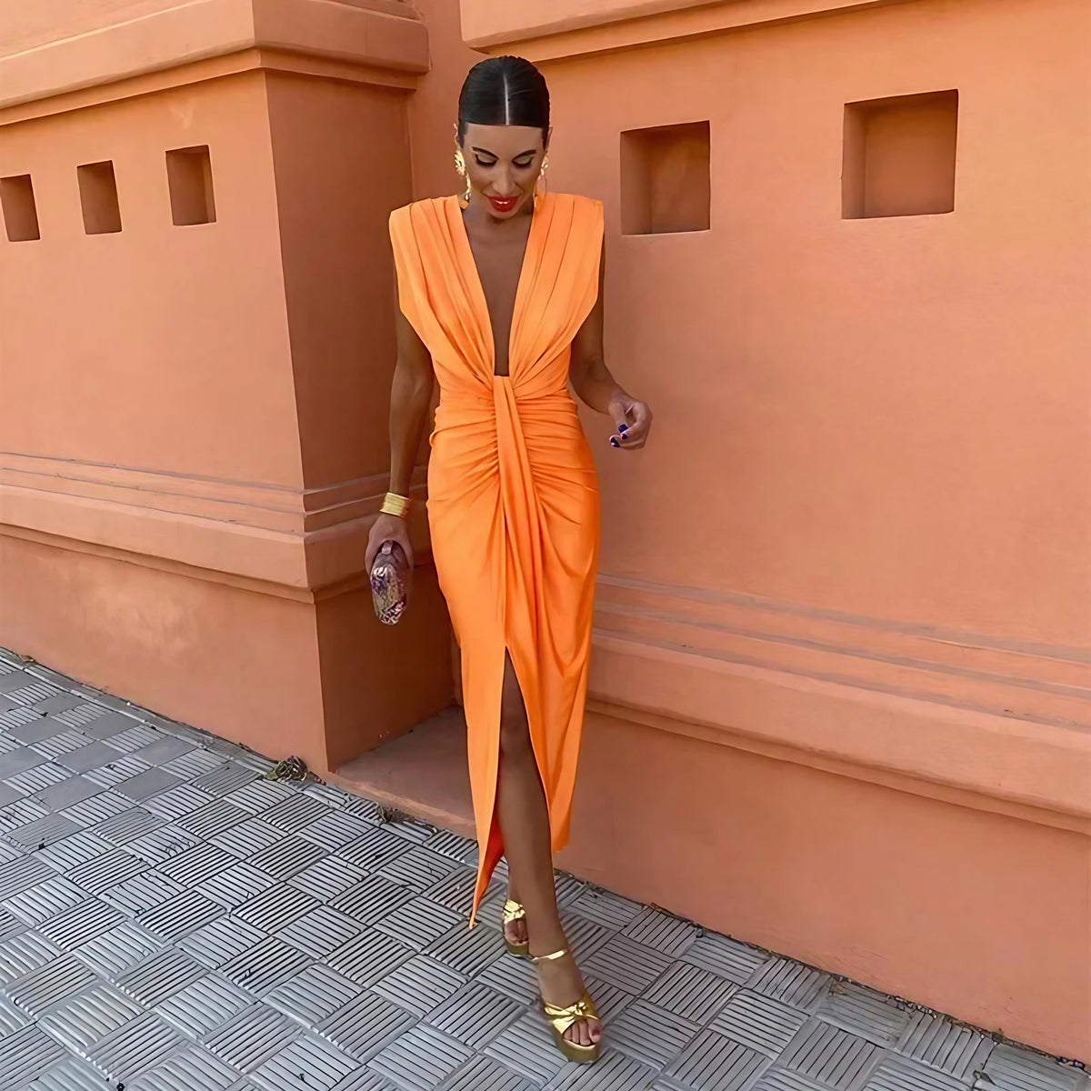 Robe longue plissée femme, coupe ample, trois coloris, orange