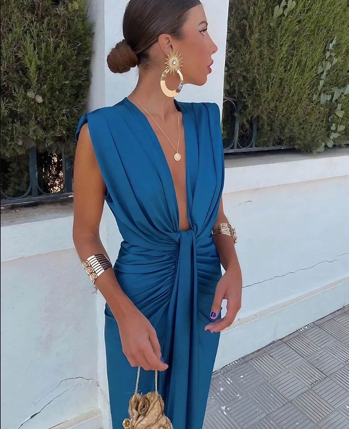 Robe longue plissée femme, coupe ample, trois coloris, bleu