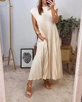 Robe longue plissée à manches courtes, quatre coloris, du S au 3XL, beige