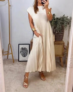Robe longue plissée à manches courtes, quatre coloris, du S au 3XL, beige
