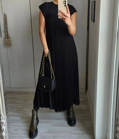 Robe longue plissée à manches courtes, quatre coloris, du S au 3XL, noir