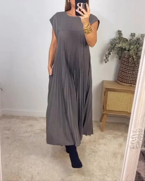 Robe longue plissée à manches courtes, quatre coloris, du S au 3XL, gris