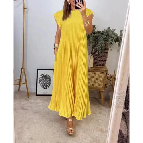 Robe longue plissée à manches courtes, quatre coloris, du S au 3XL, jaune