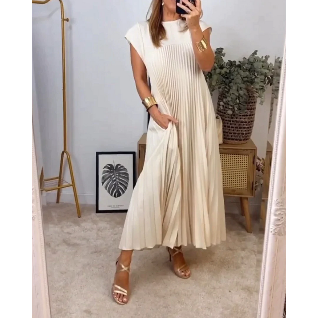 Robe longue plissée à manches courtes, beige, du S au 3XL