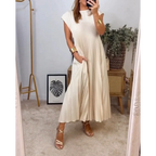 Robe longue plissée à manches courtes, beige, du S au 3XL