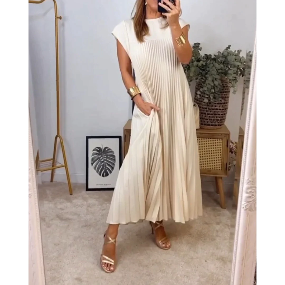 Robe longue plissée à manches courtes, beige, du S au 3XL