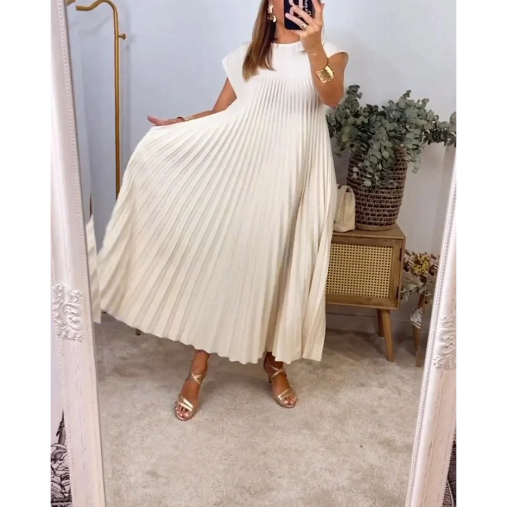 Robe longue plissée à manches courtes, beige, du S au 3XL