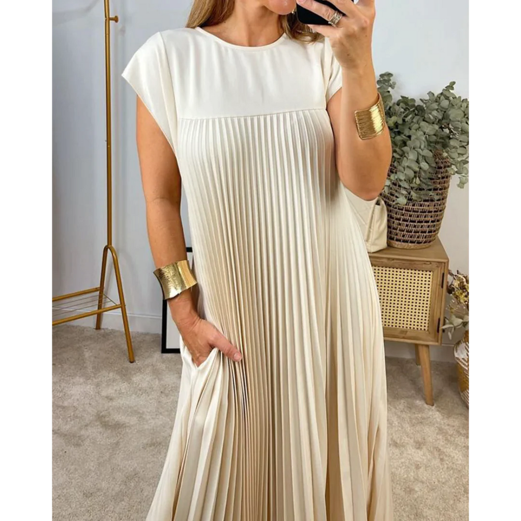 Robe longue plissée à manches courtes, beige, du S au 3XL