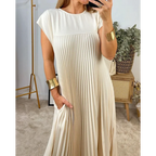 Robe longue plissée à manches courtes, beige, du S au 3XL