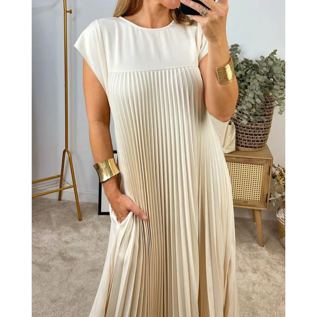 Robe longue plissée à manches courtes, beige, du S au 3XL