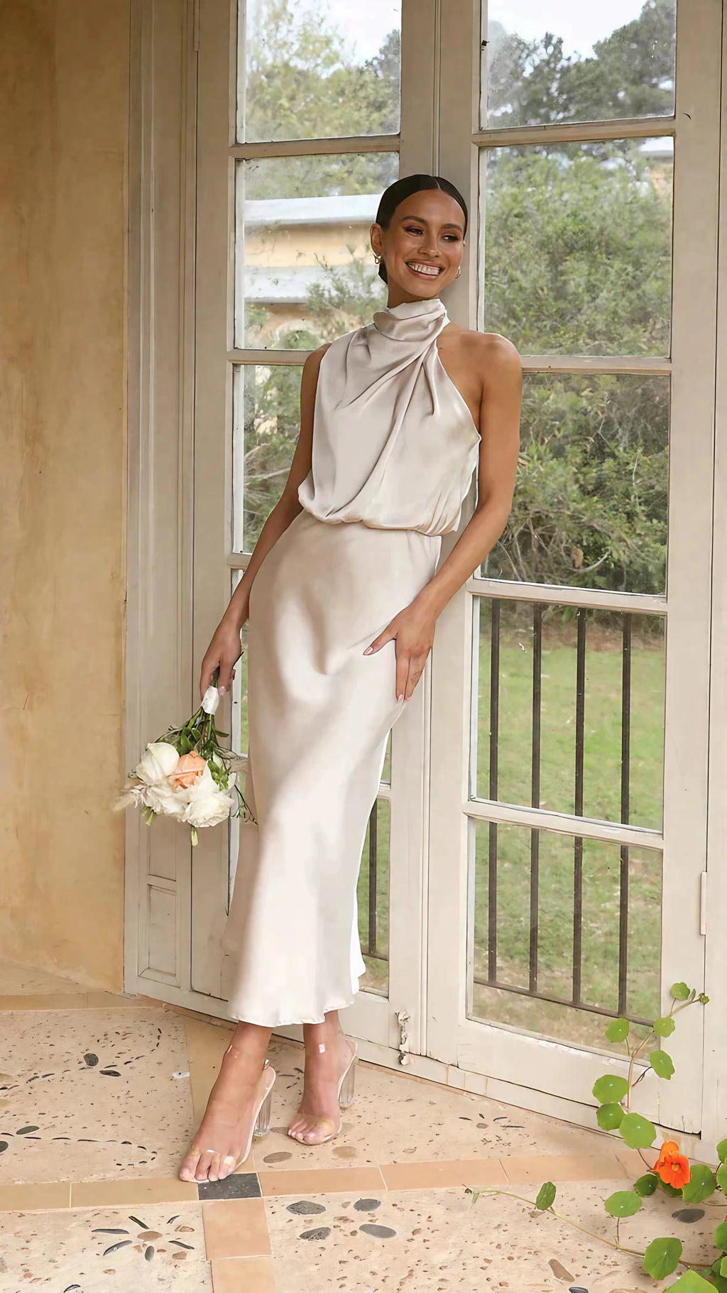 Robe longue brillante femme pour soirée, cinq coloris, champagne