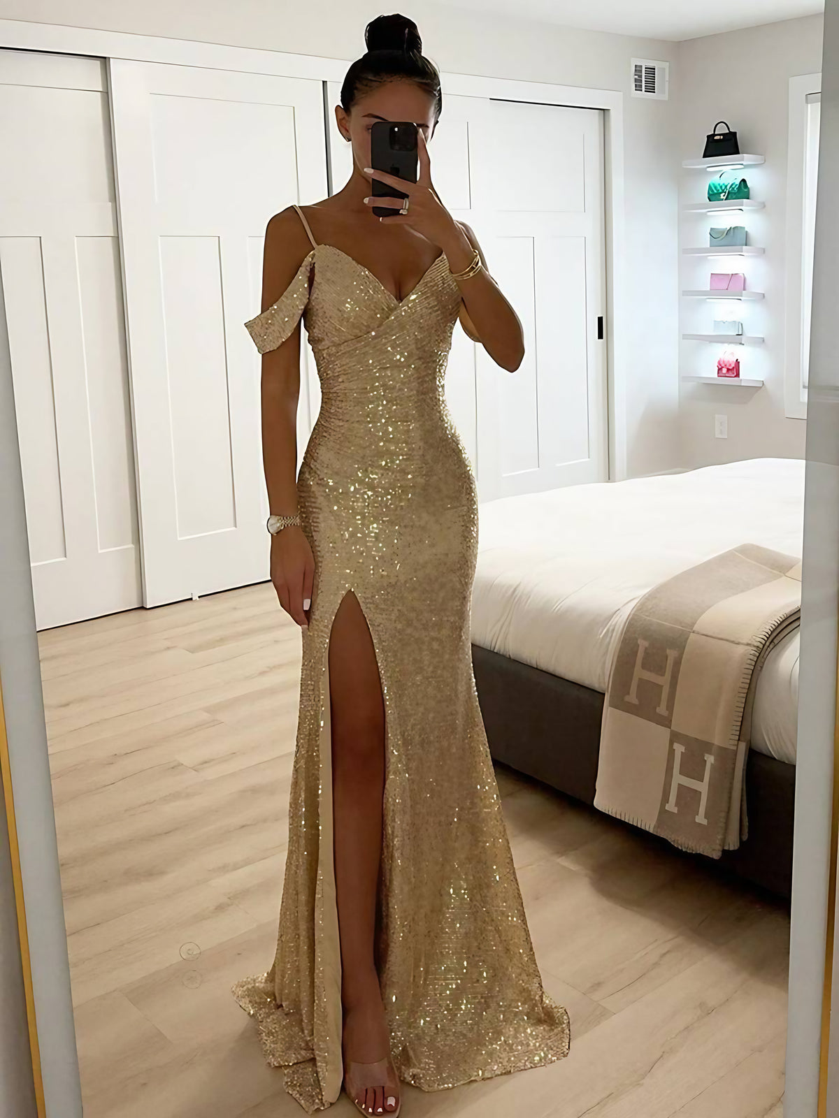 Robe longue de soirée à sequins, col V et fente, champagne, champagne