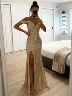 Robe longue de soirée à sequins, col V et fente, champagne