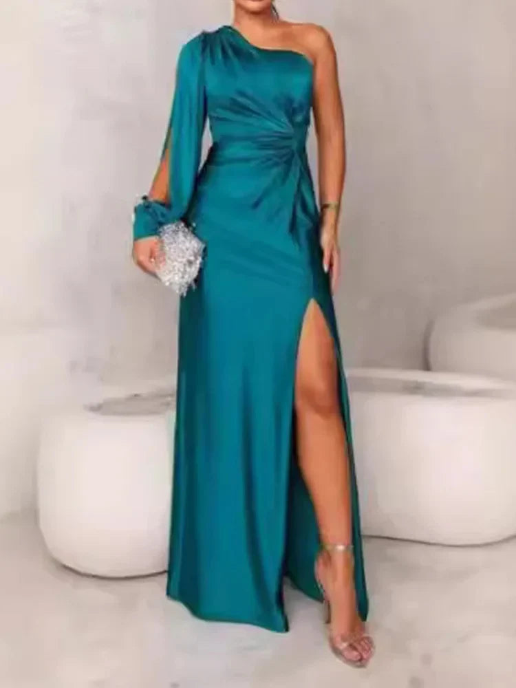Robe longue de soirée femme, coupe fluide, du S au 3XL, bleu paon