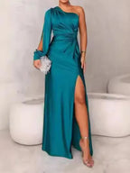 Robe longue de soirée femme, coupe fluide, du S au 3XL, bleu paon
