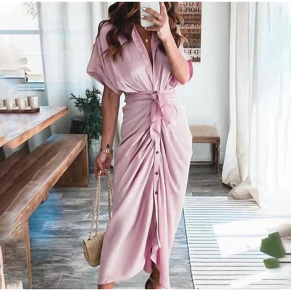 Robe longue boutonnée femme jusqu'au sol, dix coloris, rose