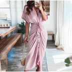 Robe longue boutonnée femme jusqu'au sol, dix coloris, rose