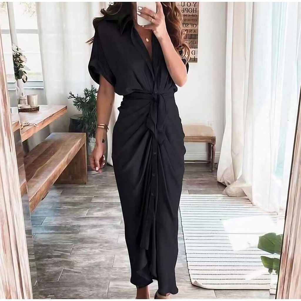 Robe longue boutonnée femme jusqu'au sol, dix coloris, noir