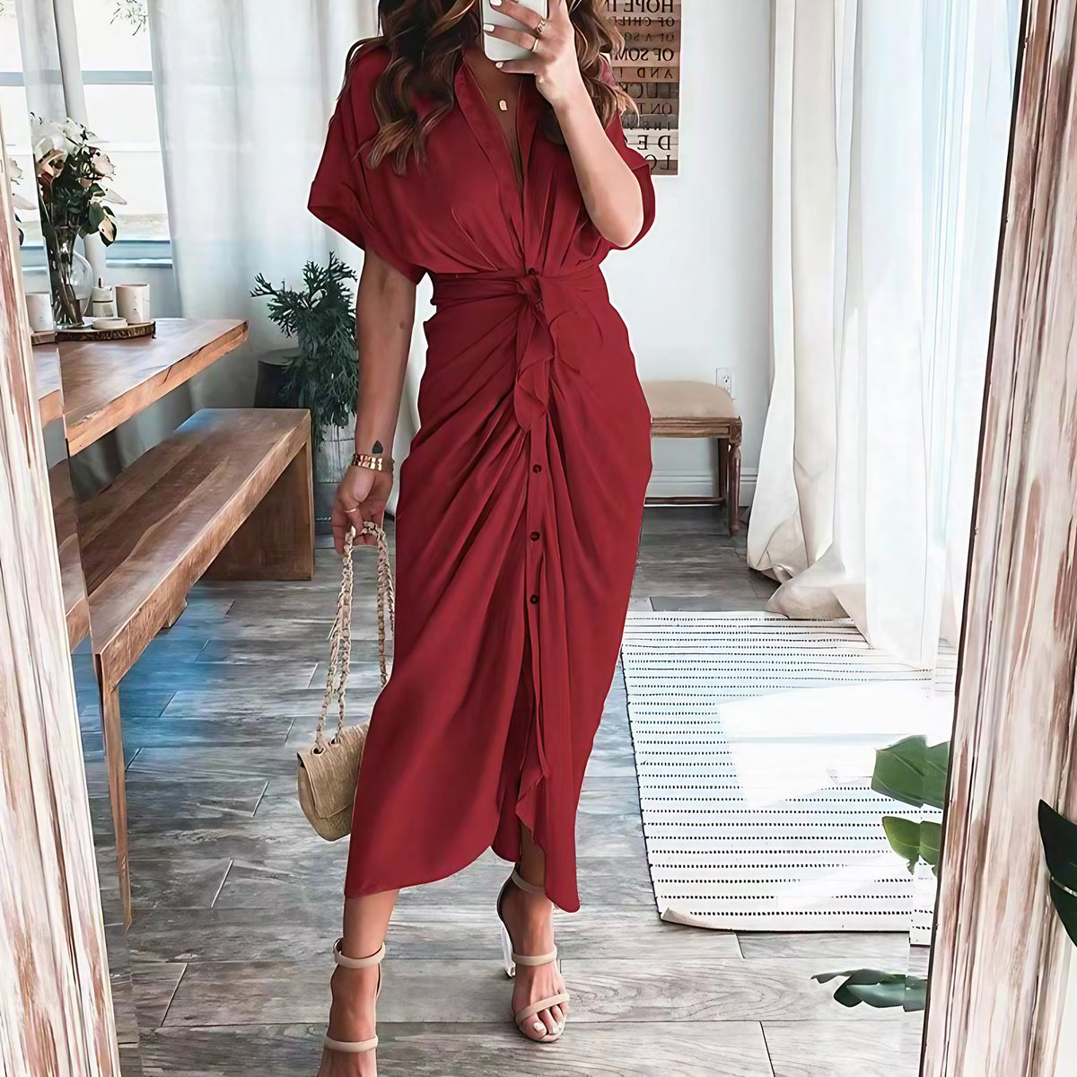 Robe longue boutonnée femme jusqu'au sol, dix coloris, rouge