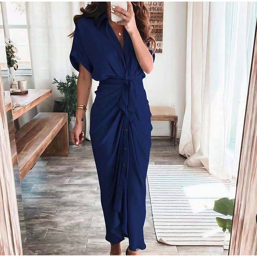 Robe longue boutonnée femme jusqu'au sol, dix coloris, bleu foncé