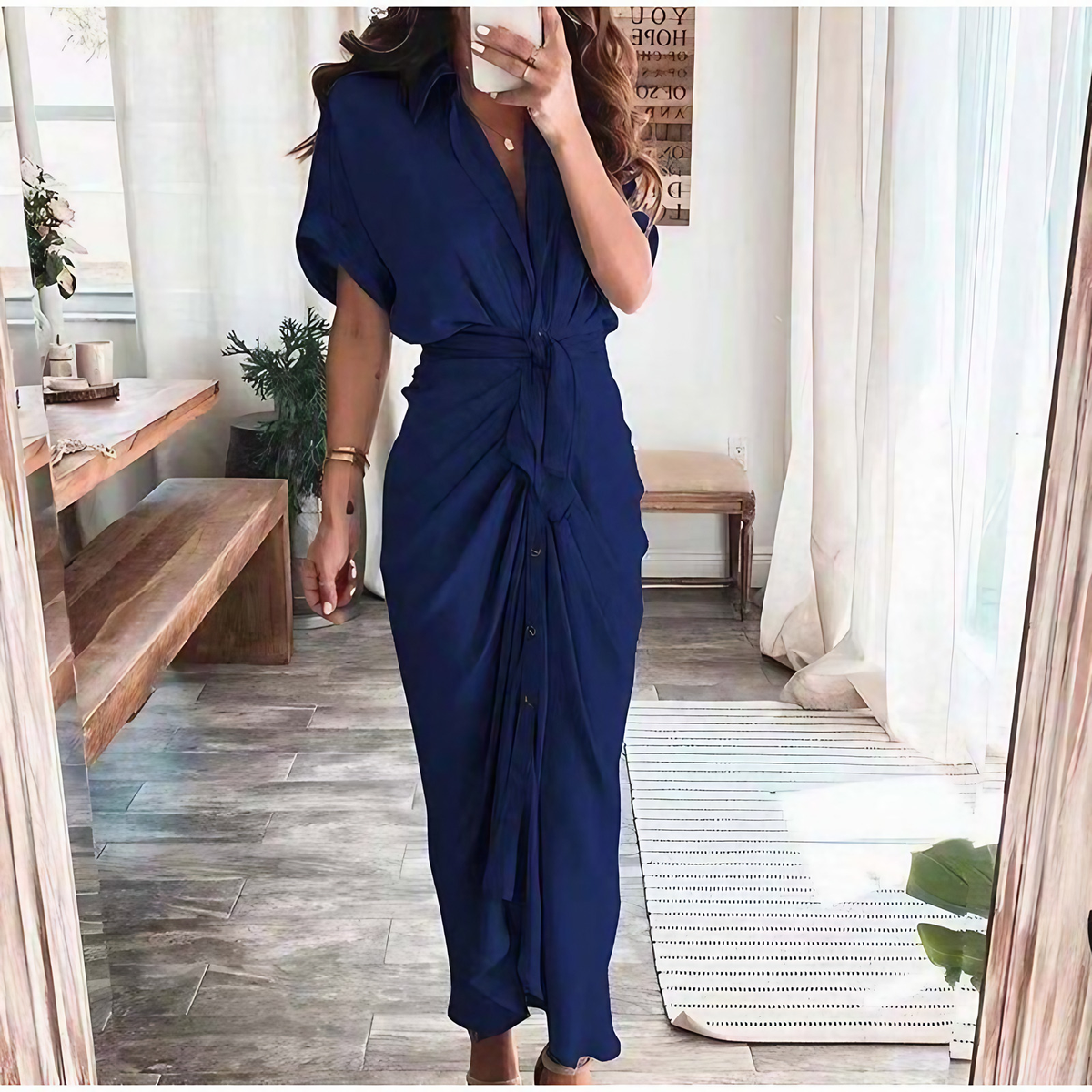 Robe longue boutonnée femme jusqu'au sol, dix coloris, bleu foncé