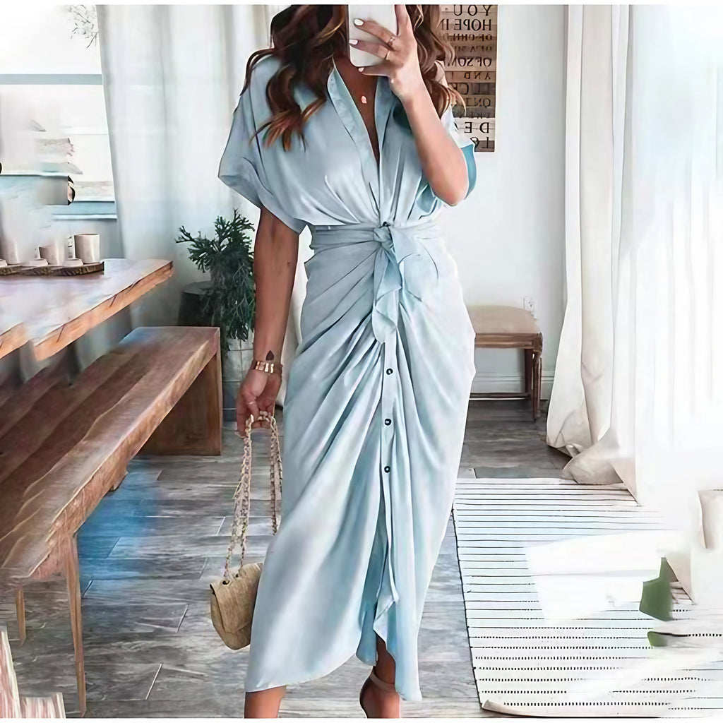 Robe longue boutonnée femme jusqu'au sol, dix coloris, bleu