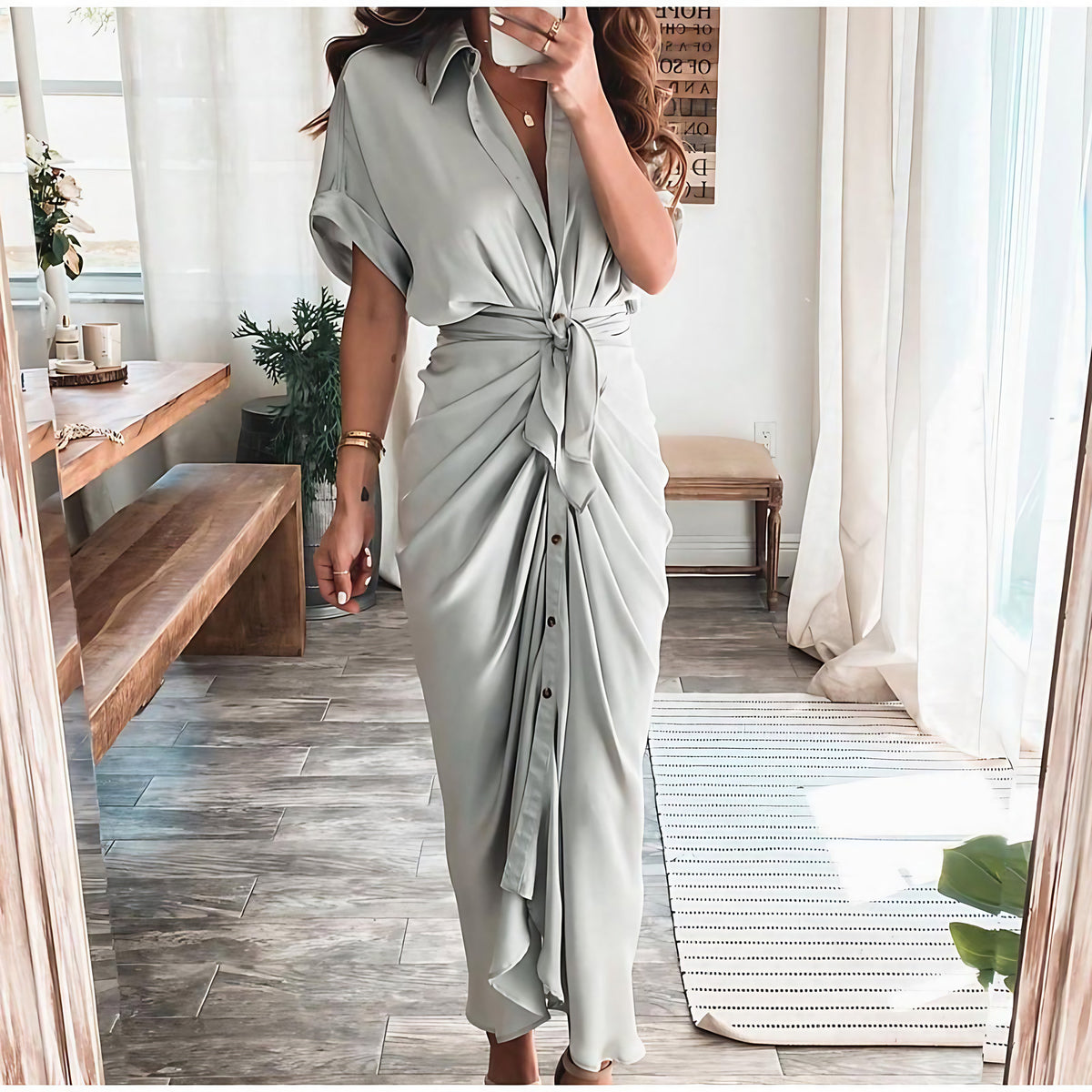 Robe longue boutonnée femme jusqu'au sol, dix coloris, gris clair