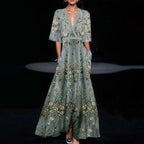 Robe longue verte femme à demi-manches, coupe fluide