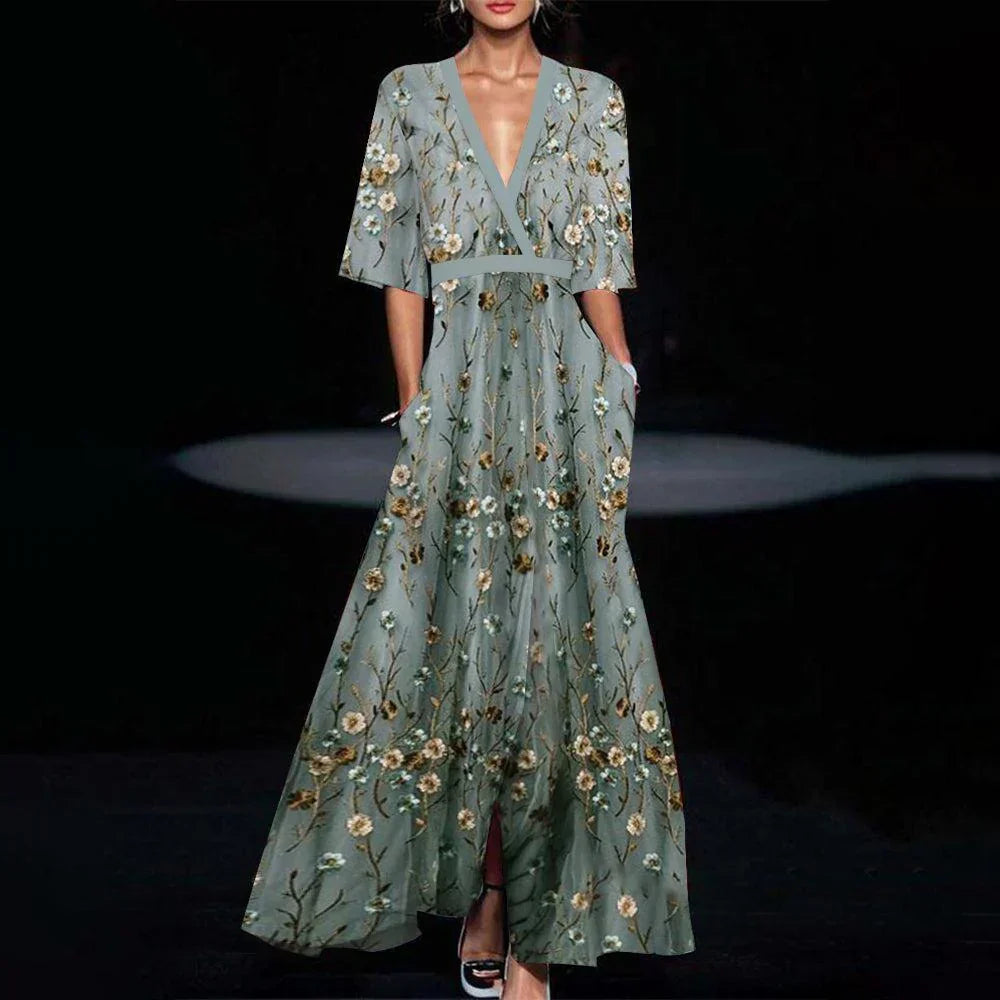 Robe longue verte femme à demi-manches, coupe fluide