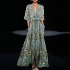 Robe longue verte femme à demi-manches, coupe fluide, vert