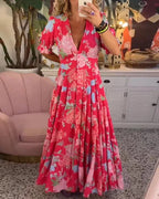 Robe longue fleurie col V, manches courtes bouffantes, rouge