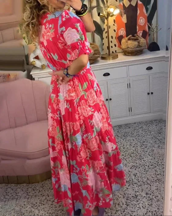 Robe longue fleurie col V, manches courtes bouffantes