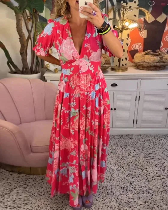 Robe longue fleurie col V, manches courtes bouffantes