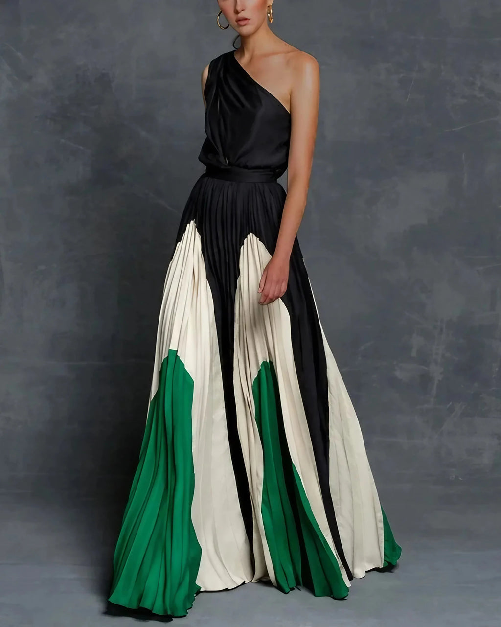 Robe longue asymétrique une épaule, jupe plissée, du S au 3XL