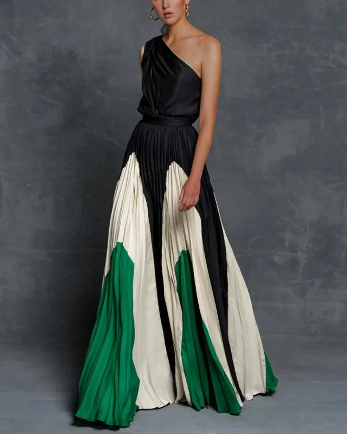 Robe longue asymétrique une épaule, jupe plissée, du S au 3XL