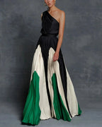 Robe longue asymétrique une épaule, jupe plissée, du S au 3XL, vert