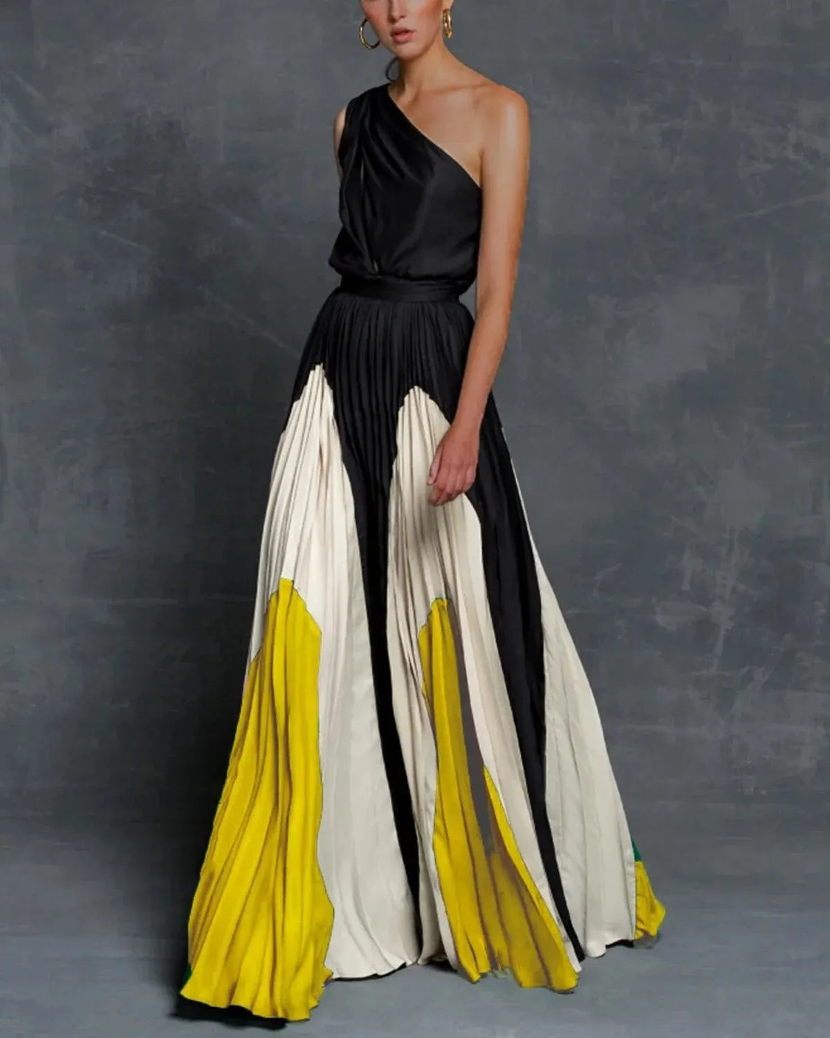 Robe longue asymétrique une épaule, jupe plissée, du S au 3XL, jaune