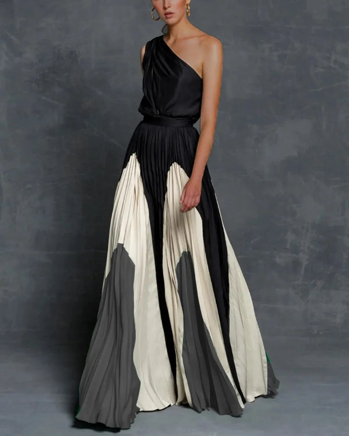 Robe longue asymétrique une épaule, jupe plissée, du S au 3XL, gris