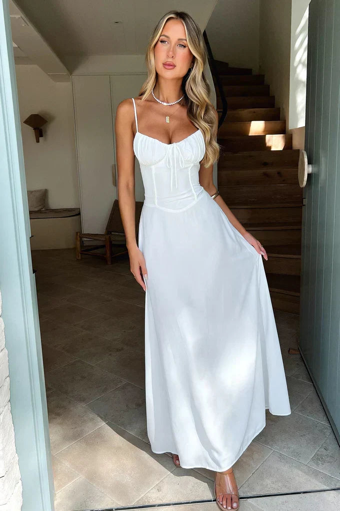 Robe longue femme en dentelle, laçage au dos, coupe trapèze