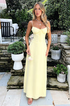 Robe longue femme en dentelle, laçage au dos, coupe trapèze, jaune