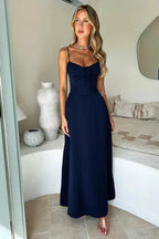 Robe longue femme en dentelle, laçage au dos, coupe trapèze, bleu foncé