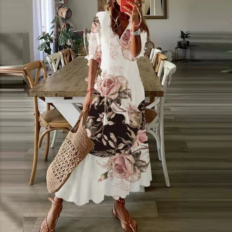 Robe maxi bohème à imprimé ethnique et col à nouer, huit motifs, style 8