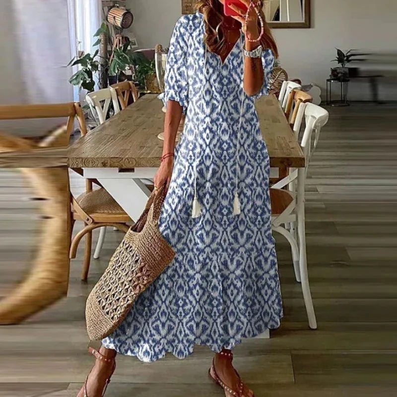 Robe maxi bohème à imprimé ethnique et col à nouer, huit motifs, style 7
