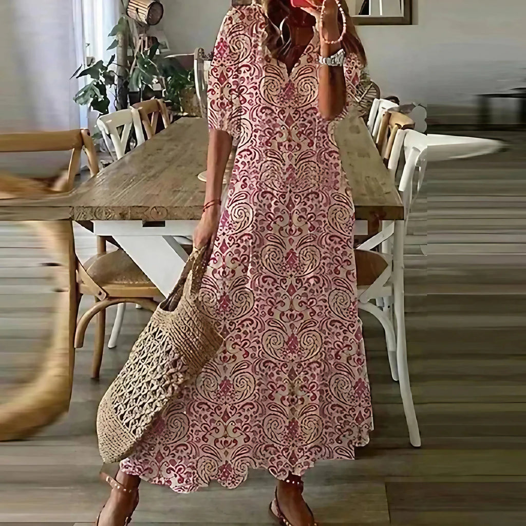 Robe maxi bohème à imprimé ethnique et col à nouer, huit motifs, style 6