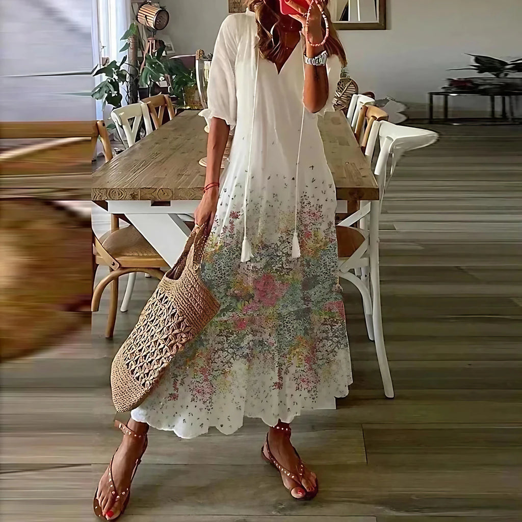 Robe maxi bohème à imprimé ethnique et col à nouer, huit motifs, style 4