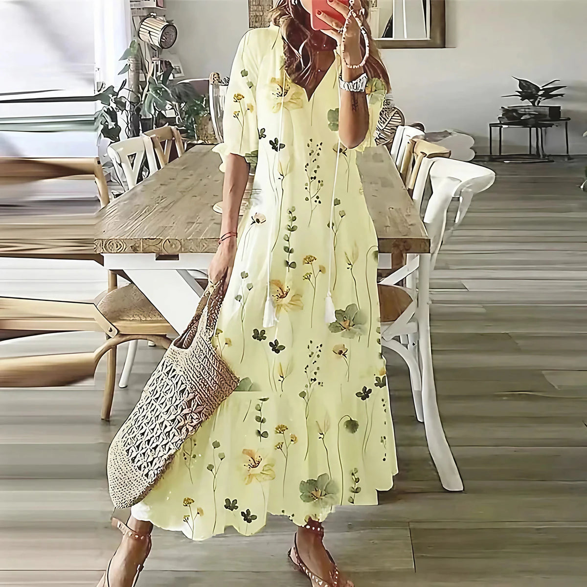 Robe maxi bohème à imprimé ethnique et col à nouer, huit motifs, style 3