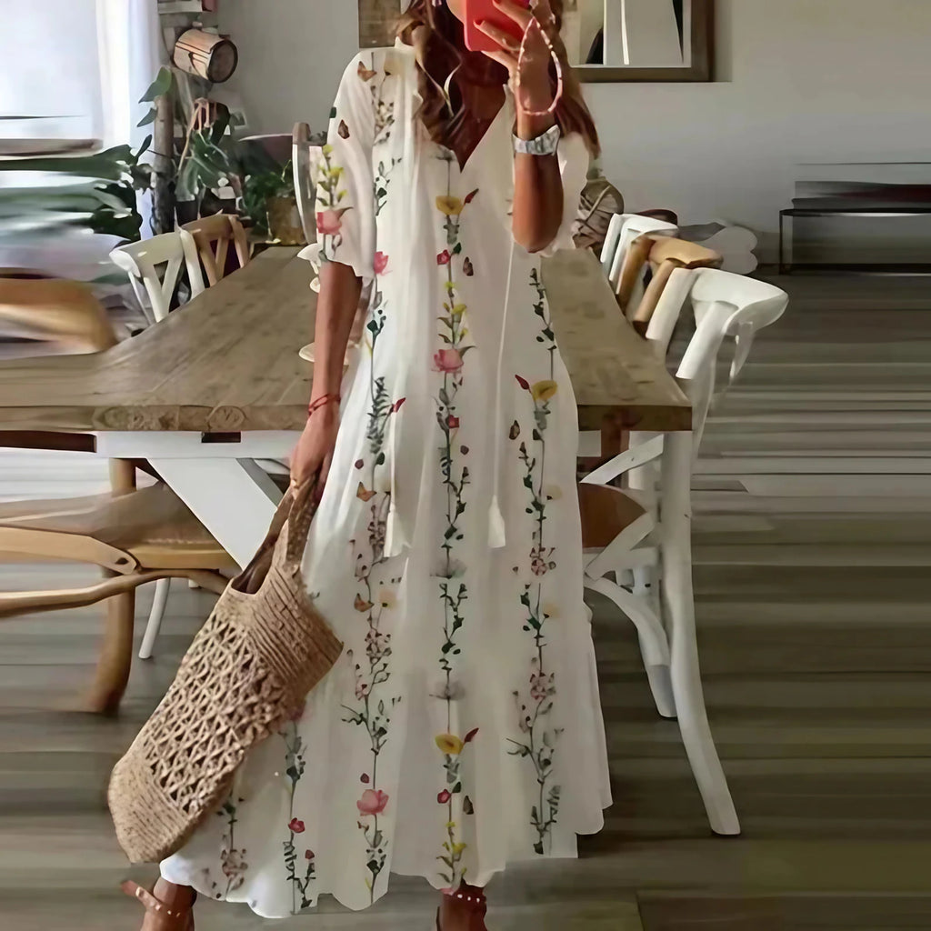 Robe maxi bohème à imprimé ethnique et col à nouer, huit motifs, style 2
