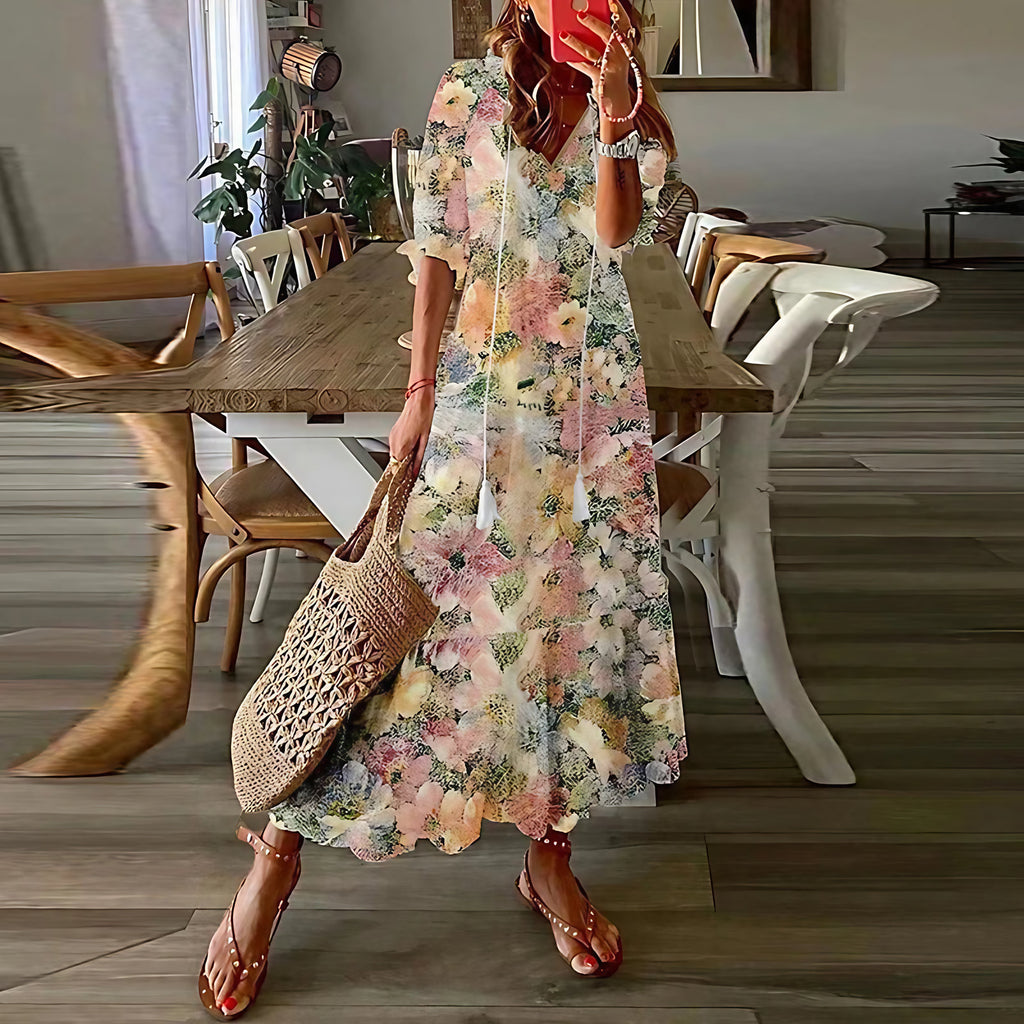 Robe maxi bohème à imprimé ethnique et col à nouer, huit motifs, style 1