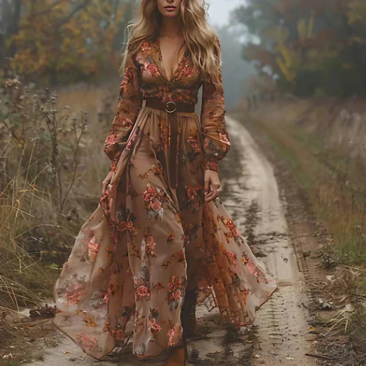 Robe longue bohème femme à jupe à volants, du XS au 3XL, marron