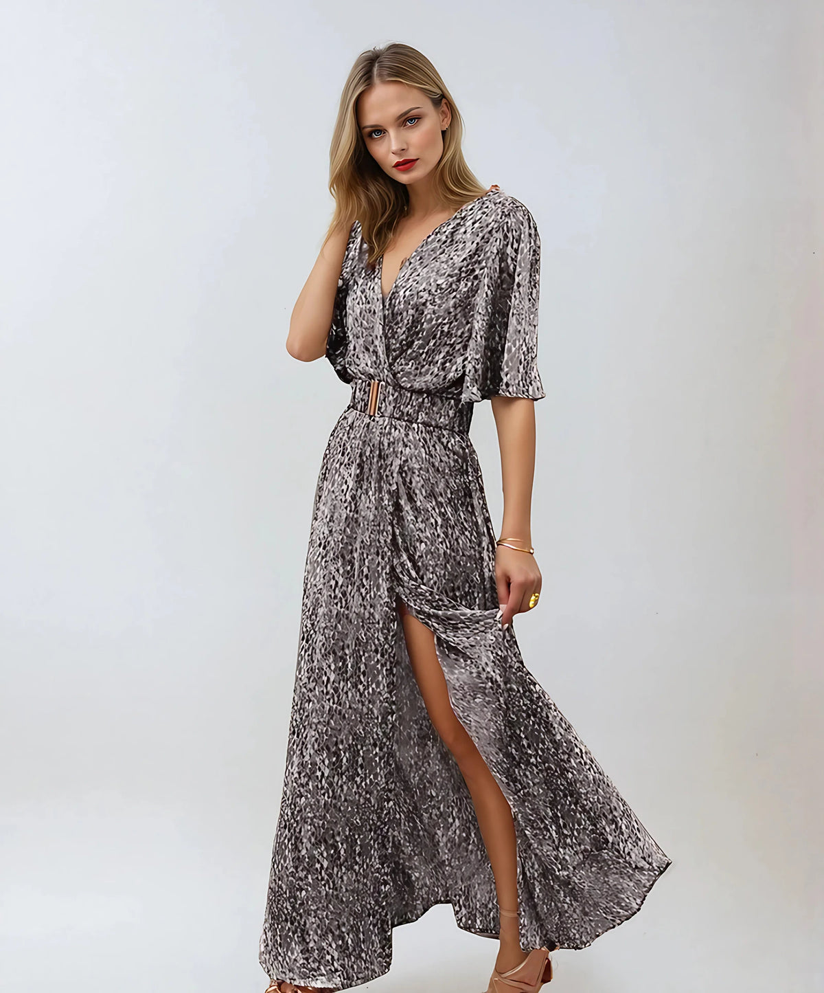 Robe maxi bohème femme ceinturée et fendue, six coloris, gris